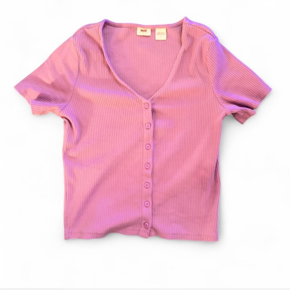 Levi's Barbie Pink Ribbed Babydoll Button Front Baby Tee Y2K Preppy Womens S Top